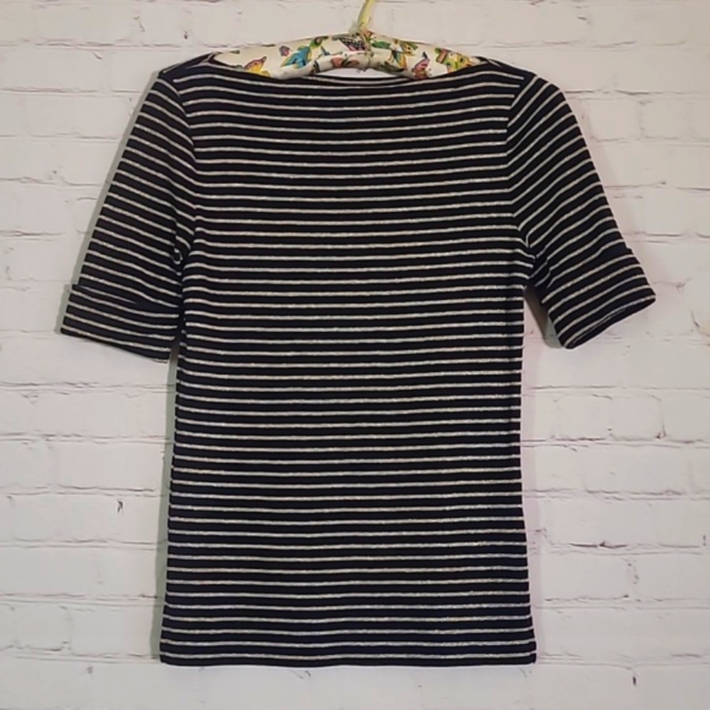 Ralph Lauren Green Tag Navy Blue & Gold Striped Quarter Sleeve Top Womens Size S - Picture 3 of 12
